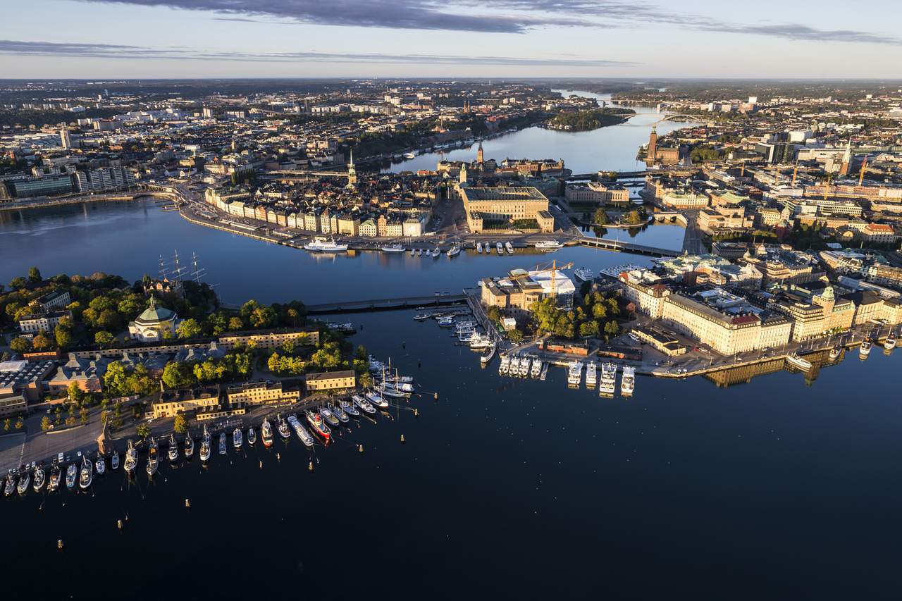 Stockholm city islands from above with boats in foreground
